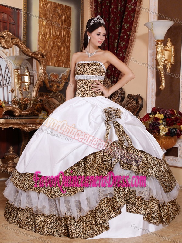 Best Seller Leopard Print White and Brown Quinceanera Dress in Taffeta
