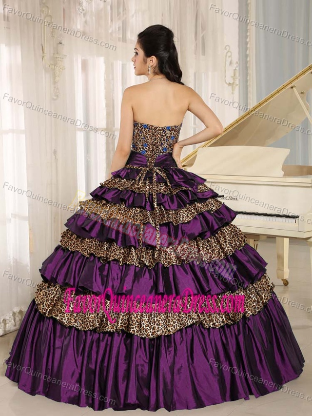 Classical Purple Leopard and Taffeta Sweet 22 Dresses with Ruffled Layers