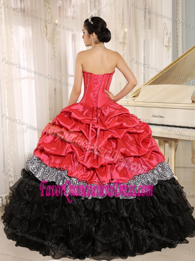 Gorgeous Watermelon and Black Taffeta and Organza Lace-up Sweet 21 Dress