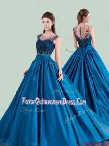 See Through Scoop Brush Train Quinceanera Dress with Cap Sleeves