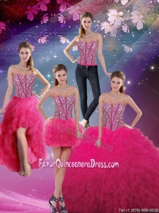 Pretty Sweetheart Beaded and Ruffles Detachable Quinceanera Dresses in Hot Pink