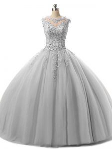 Glamorous Floor Length Grey Quinceanera Gown Scoop Sleeveless Lace Up