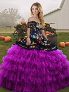Sleeveless Floor Length Embroidery and Ruffled Layers Lace Up Quinceanera Dress with Black And Purple