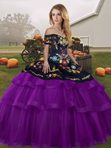 High Class Off The Shoulder Sleeveless Ball Gown Prom Dress Brush Train Embroidery and Ruffled Layers Black And Purple Tulle
