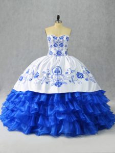 Discount Blue And White Sweetheart Neckline Embroidery and Ruffled Layers Quinceanera Gowns Sleeveless Lace Up