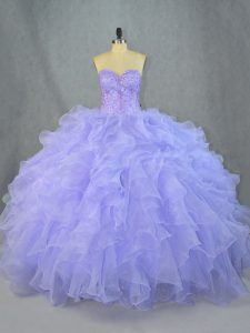 Latest Lavender Ball Gowns Beading and Ruffles 15 Quinceanera Dress Lace Up Organza Sleeveless Floor Length