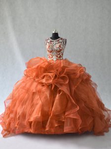 Rust Red Ball Gowns Scoop Sleeveless Organza Lace Up Beading and Ruffles 15 Quinceanera Dress