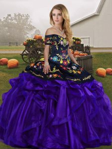 Fantastic Organza Off The Shoulder Sleeveless Lace Up Embroidery and Ruffles Ball Gown Prom Dress in Black And Purple