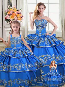 Most Popular Royal Blue Quinceanera Dresses Sweet 16 and Quinceanera with Embroidery and Ruffled Layers Sweetheart Sleeveless Lace Up