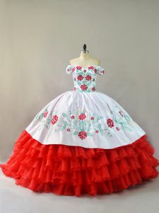White And Red Lace Up Quinceanera Gown Embroidery and Ruffled Layers Sleeveless Court Train