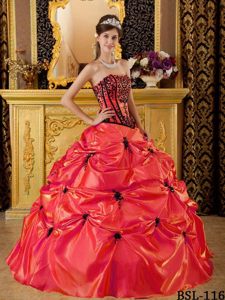 New Orange Red Strapless Quinceanera Dress in Taffeta with Pick-ups
