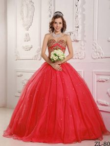 2013 Beaded Red Sweetheart Quinceanera Dresses in Satin and Organza
