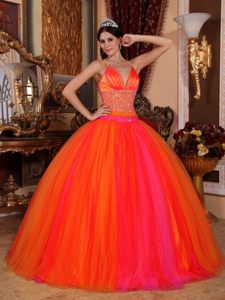 Orange Red V-neck Sexy Dresses for Quinceanera in Taffeta and Tulle