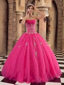 Hot Pink Organza Beaded Dress for Quinceanera Embellished with Embroidery