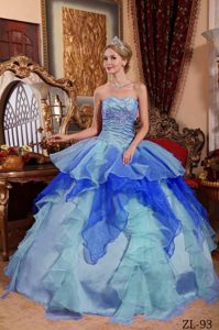Multi-colored Ruched and Ruffled Quinceanera Gown with Embroidery in Organza