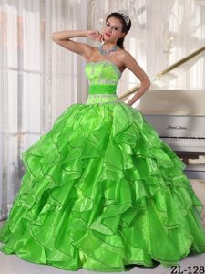 Sexy Lime Green Quince Dress Strapless Organza with Applique and Ruffles