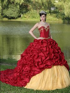 New Red and Yellow Brush Train Taffeta Quinceanera Dress with Pick-ups