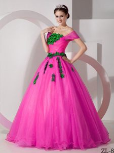 Modest Hot Pink off the Shoulder Quinceanera Dresses with Green Appliques
