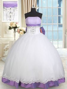 Pretty Sleeveless Taffeta and Tulle Floor Length Lace Up 15th Birthday Dress in White And Purple for with Beading and Lace and Bowknot