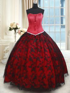 Black and Red Strapless Neckline Lace Vestidos de Quinceanera Sleeveless Lace Up