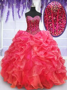 Custom Design Floor Length Lace Up Quinceanera Dress Red And Black and In for Military Ball and Sweet 16 and Quinceanera with Beading