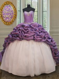 Smart White And Purple Lace Up Sweetheart Beading and Pick Ups Quinceanera Gown Organza and Taffeta Sleeveless Court Train