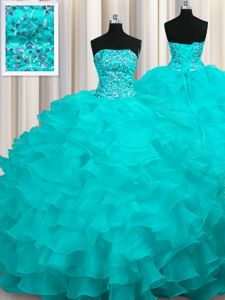 Organza and Tulle Sleeveless Floor Length Quinceanera Dress and Beading and Ruffles