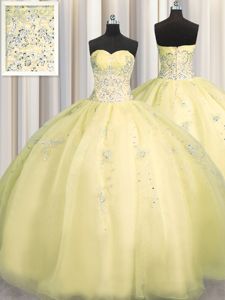 Pretty Really Puffy Floor Length Zipper 15th Birthday Dress Light Yellow and In for Military Ball and Sweet 16 and Quinceanera with Beading and Appliques