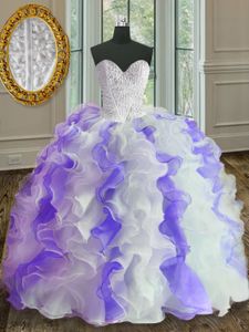 Stylish White and Purple Organza Lace Up Sweetheart Sleeveless Floor Length Sweet 16 Dress Beading and Ruffles