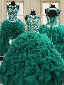 Exquisite Four Piece Scoop Dark Green Sleeveless Organza Lace Up Quinceanera Gown for Military Ball and Sweet 16 and Quinceanera