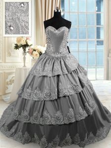 Taffeta Sweetheart Sleeveless Court Train Lace Up Beading and Appliques and Ruffled Layers Quinceanera Gowns in Grey