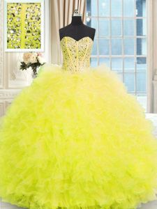 Pretty Strapless Sleeveless Quinceanera Dresses Floor Length Beading and Ruffles Light Yellow Tulle