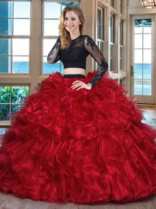 Scoop Black and Red Two Pieces Ruffles Sweet 16 Quinceanera Dress Backless Organza Long Sleeves Floor Length