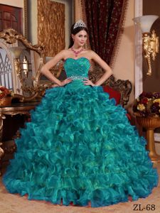 Amazing Beaded Ruffled Teal Organza Quinceanera Dresses on Promotion