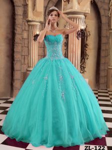 Turquoise Pretty Strapless Organza Quinceanera Dress with Shining Beading