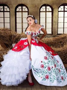 Beauteous Ruffled Floor Length White and Red Sweet 16 Dress Off The Shoulder Cap Sleeves Lace Up