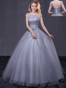 Customized Scoop Cap Sleeves Tulle Floor Length Lace Up Quinceanera Dresses in Grey for with Beading and Belt