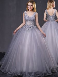 Great Grey Lace Up Ball Gown Prom Dress Appliques Sleeveless Floor Length