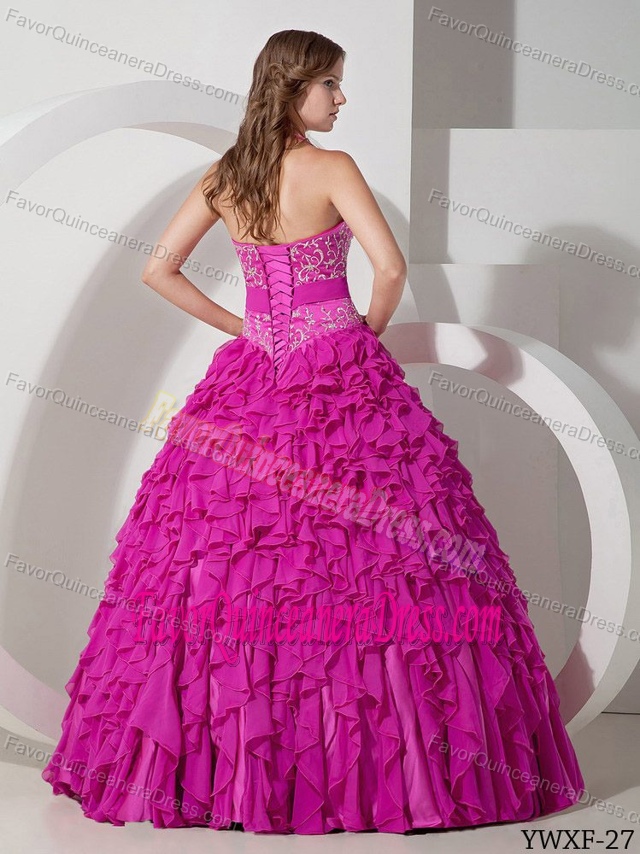 Fashionable Fuchsia Halter Floor-length Chiffon Sweet 16 Quinceanera Dress
