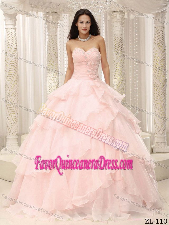 Charming Ruched and Beaded Baby Pink Dress for Quinceanera with Flowers