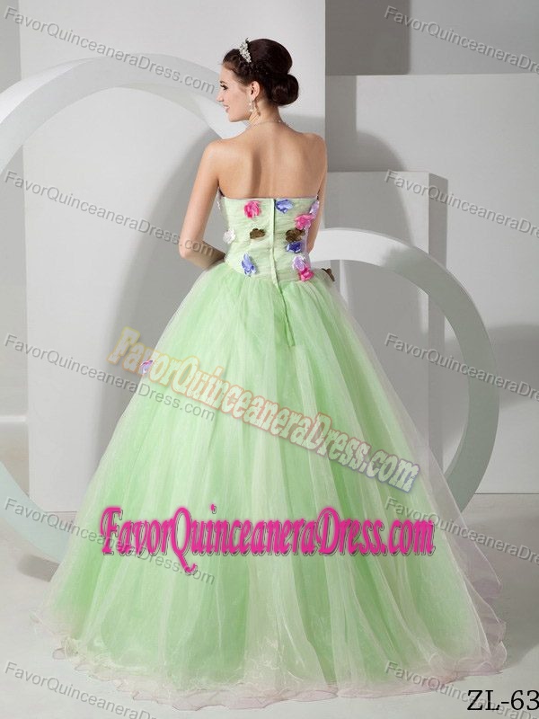 Beautiful A-line Strapless Organza Yellow Green Sweet 16 Dress with Flowers