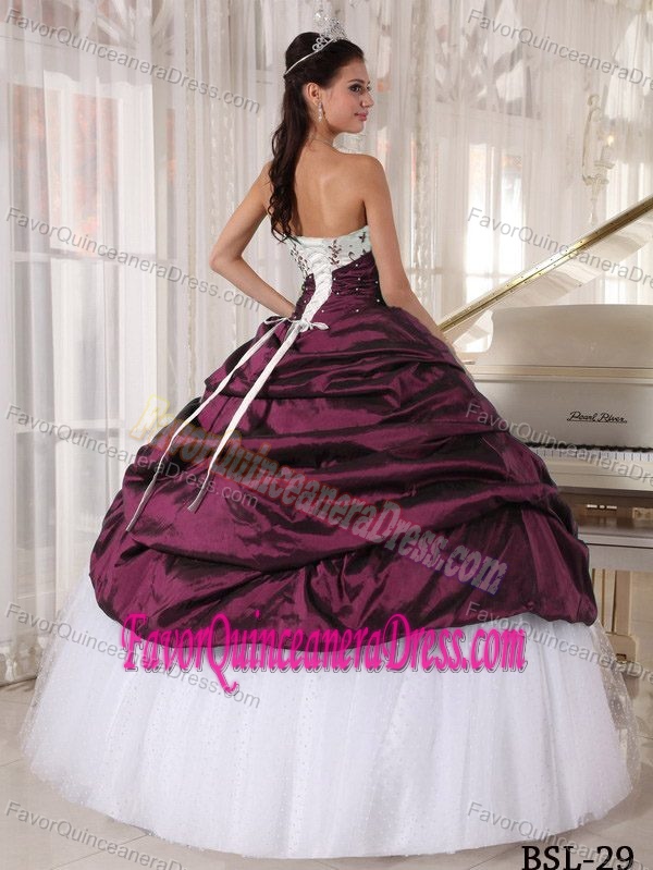 Wonderful Strapless Taffeta and Tulle White and Burgundy Quince Dresses