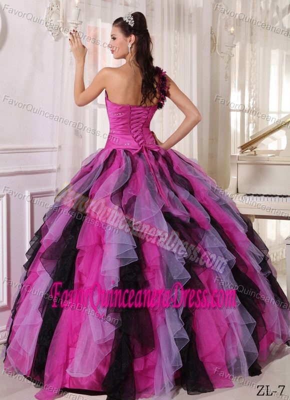 Attractive Multi-color One Shoulder Organza Dresses for Quince Ruffles
