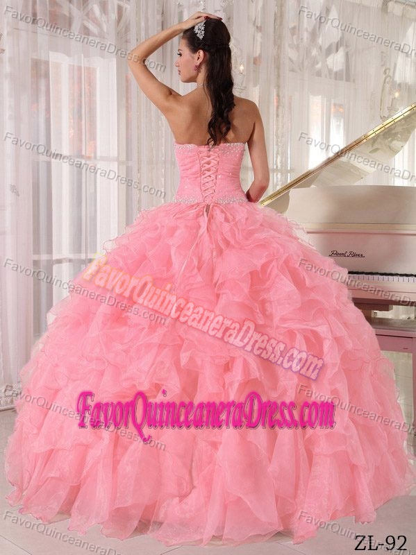 Attractive Watermelon Red Strapless Lace-up Organza Dresses for Quince