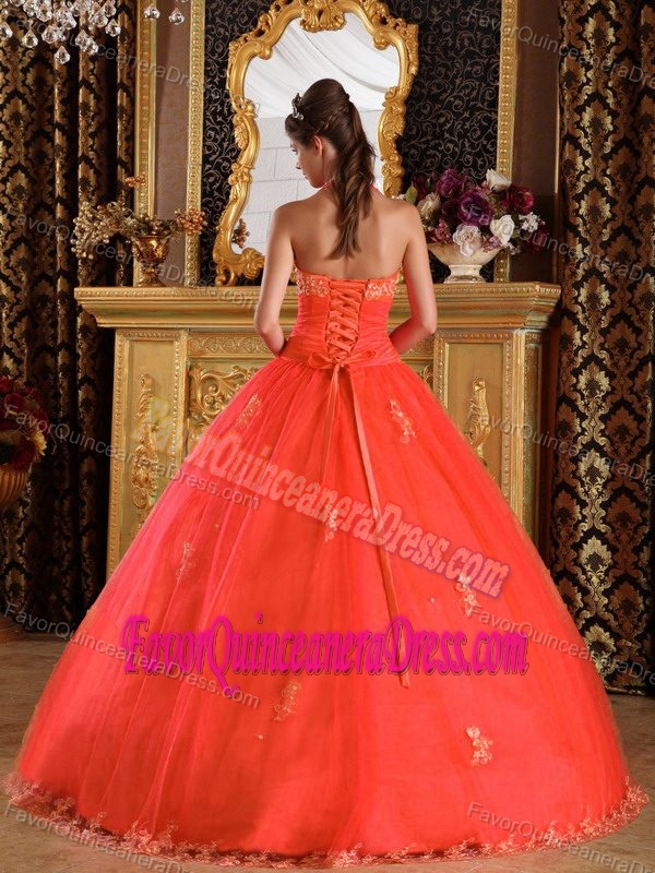 Rust Red Ball Gown Appliques Tulle 2013 Dress for Quinceanera with Halter