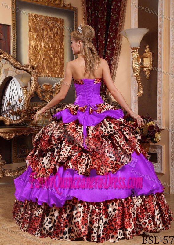 Taffeta and Leopard Purple Strapless Quinceanera Dress with Pick-ups