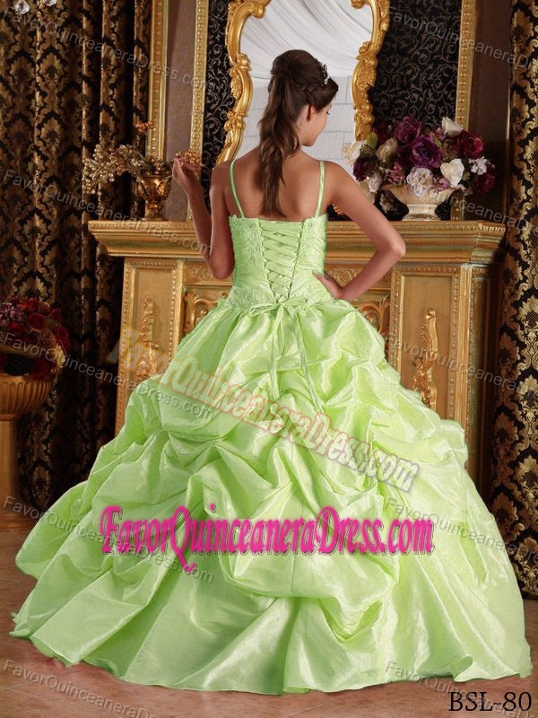 Beaded and Appliqued Yellow Green Taffeta Quinceanera Gown with Straps