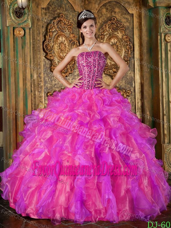 Organza Beaded Multi-Color Ball Gown Strapless Quince Dresses with Ruffles
