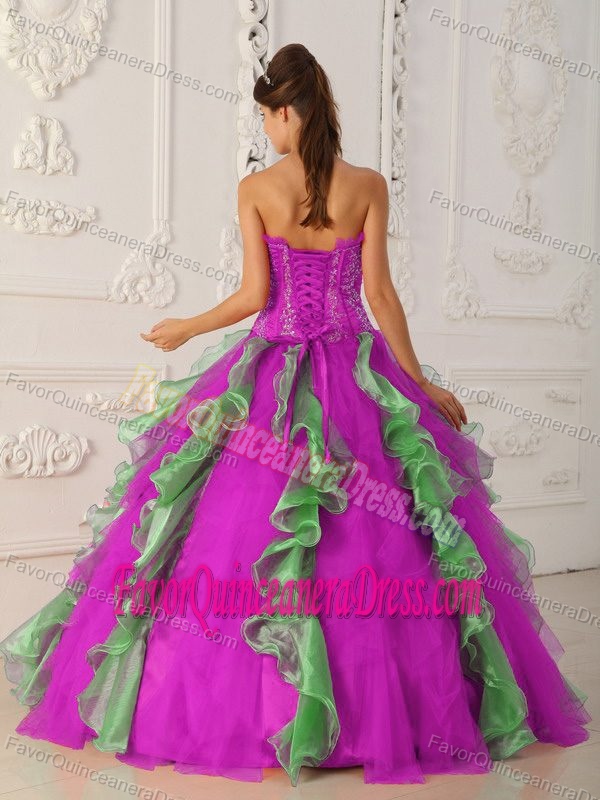 Appliqued and Beaded Strapless Quinceanera Dress in Hot Pink and Green