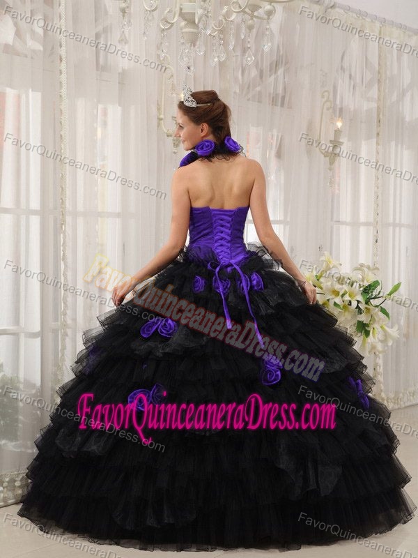 Purple and Black Taffeta Organza Handle Flowers Quince Dresses with Halter